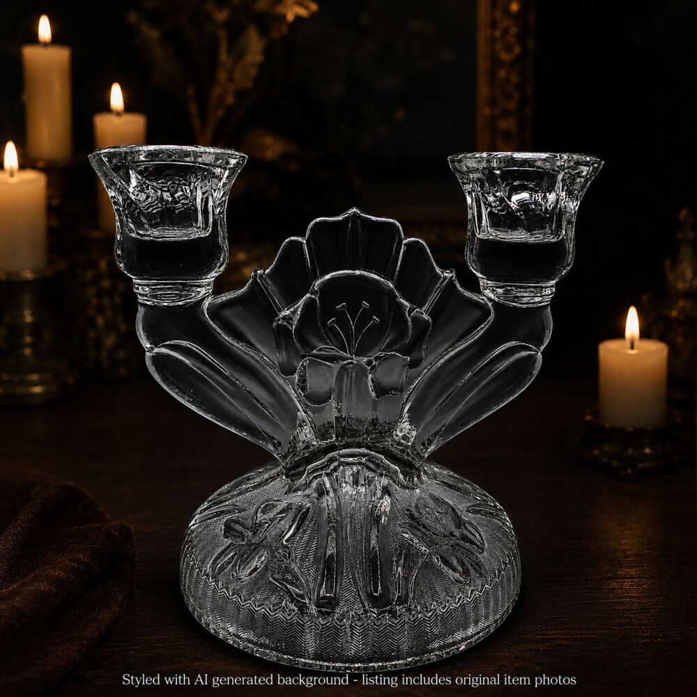 Vintage Jeanette Glass Candle Holder Art Deco Iris Floral Elegant Candlestick